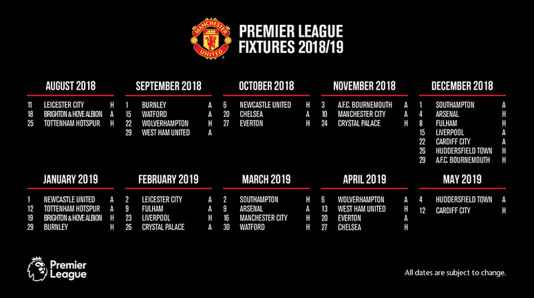 Premier League 18 19 Fixture Guide Manchester United Besoccer