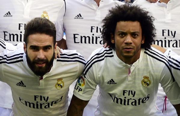 Marcelo y Carvajal, juntos en el once antes de comenzar un partido de Liga con el Real Madrid. Twitter.