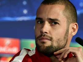 Mario Suarez attends a press conference at Calderon stadium in Madrid on April 13, 2015