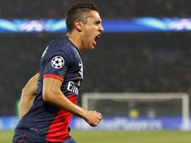 Marquinhos célèbre un but sous le maillot du PSG. PSG