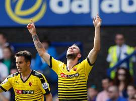Miguel Layún celebra el primer tanto del Watford. WatfordFC