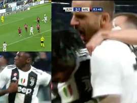 Bonucci foi o primeiro a abraçar Moise Kean depois do golo. Captura/Movistar