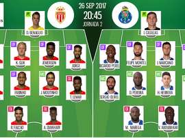 Os onzes de Monaco e FC Porto para a partida desta terça-feira. BeSoccer