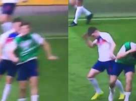 Tremendo cabezazo entre Rice y Maguire en un calentamiento. Capturas/BBC