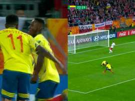 ¡Qué listo Angulo! Aprovechó el fallo de la defensa para adelantar a Colombia. Capturas/GolCaracol