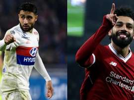Montagem com as fotos de Fekir, do Olympique de Lyon, e do jogador do Liverpool Salah. BeSoccer