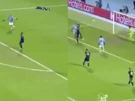 Gabriel Jesus marca com adversário no chão e cria polêmica. Capturas/MovistarLigadeCampeones