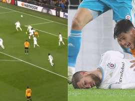 Jogador do Wolves nocauteia adversário com bicicleta. Capturas/BTSport