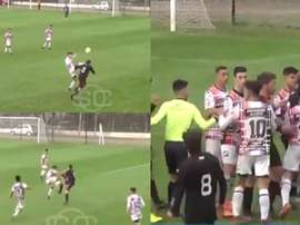¿De Jong, eres tú? La terrible patada de Albano a Osella en juveniles. Captura/SCESPN