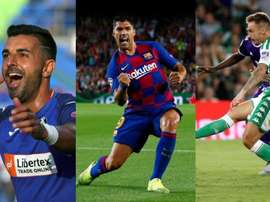 Os mais matadores desta temporada na Espanha: Ángel, Luis Suárez e Loren Morón. Montaje/EFE