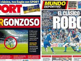 Capas dos jornais Mundo Deportivo e Sport do dia 15-12-19. Montaje/Sport/MundoDeportivo