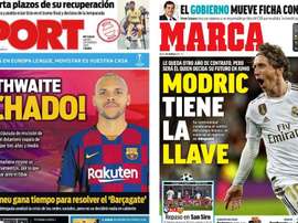 Capas dos portais esportivos Sport e Marca do dia 20-02-20. Montaje/Sport/Marca