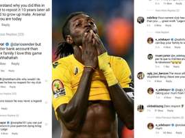 Adebayor la volvió a liar en redes 10 años después de su gol al Arsenal. Instagram/e_adebayor/AFP
