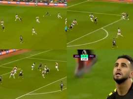 Mahrez hizo un doblete en seis minutos ante el Aston Villa. Captura/DAZN