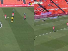 El Elche se adelantó gracias a un tiro lejano y al error de Bernabé. Captura/LaLiga1/2/3TV