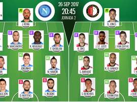 Os onzes de Napoli e Feyenoord para a partida desta terça-feira. BeSoccer