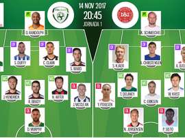 Onzes iniciais de Irlanda e Dinamarca. BeSoccer