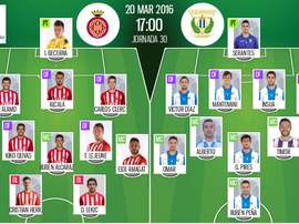Onces confirmados para el Girona-Leganés correspondiente a la jornada 30 de Segunda División 15-16. BeSoccer