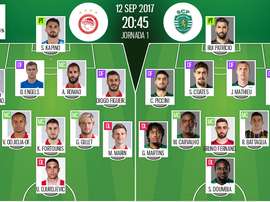 Os onzes de Olympiacos e Sporting CP para a partida desta terça-feira. BeSoccer