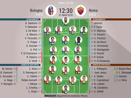 Os onzes de Bologna e Roma para o duelo deste sábado. BeSoccer