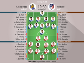 Os onzes de Real Sociedade Atlético de Madrid para o embate desta quinta-feira. BeSoccer