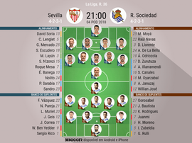 Os onzes de Sevilla e Real Sociedad para o embate deste sábado. BeSoccer