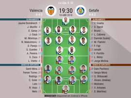 Onzes do Valencia-Getafe da 33ª jornada da Laliga, 18-04-18. BeSoccer