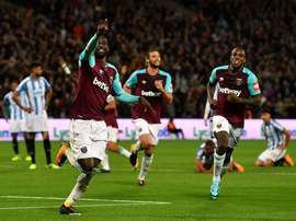 Pedrio Obiang celebrates giving his side the lead against Huddersfield. Twitter/WestHamUtd