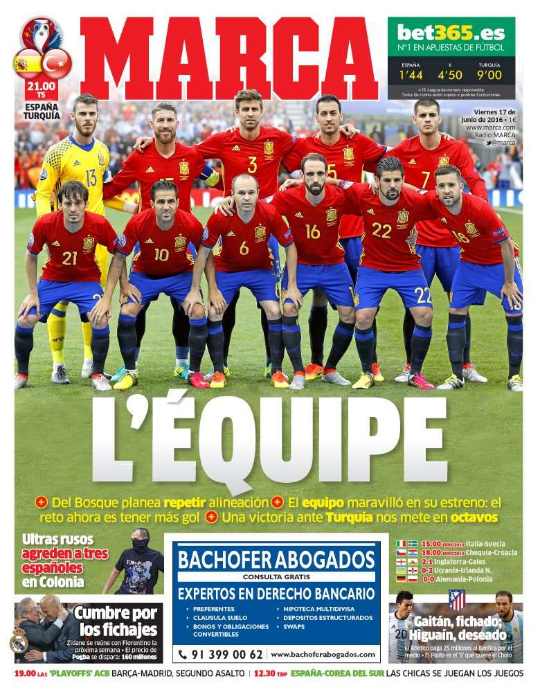 Les Unes des journaux sportifs en Espagne du 17 juin 2016 BeSoccer