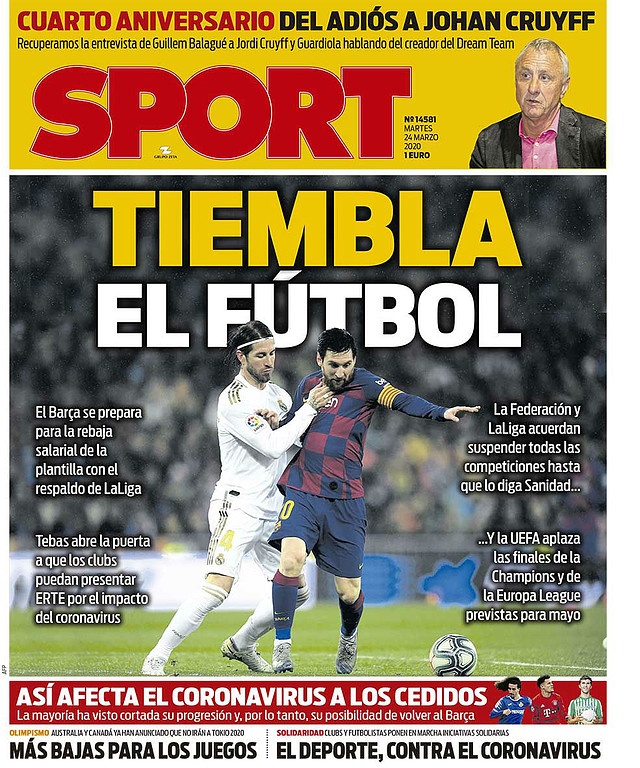 Les Unes des journaux sportifs en Espagne du 24 mars 2020  BeSoccer