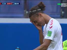 Poulsen was penalised for an apparent handball. Twitter/DIRECTVSports