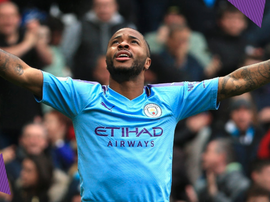 Raheem Sterling celebrates after scoring the first goal. ManCityES