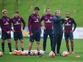 Roy Hodgson gives instructions in training this morning. Twitter