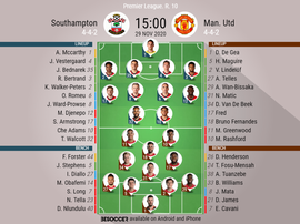 Southampton v Man Utd, Premier League 2020/21, matchday 10, 29/11/2020 - Official line-ups. BESOCCER