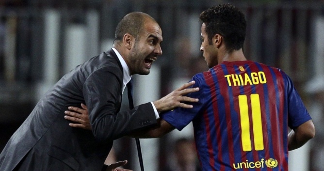 Pep Guardiola et Thiago, à Barcelone