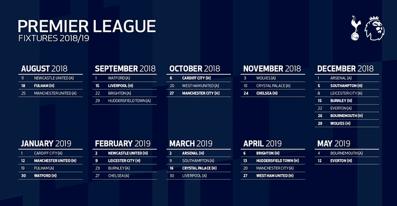 Premier League 18 19 Fixture Guide Tottenham Besoccer