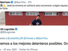 La SD Logroñés troleó a Jesé. Capturas/Twitter/SDLogrones