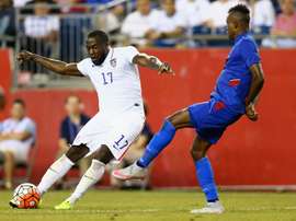 Wilde-Donald Guerrier 7 of Haiti defends Jozy Altidore 17 of United States during the 2015 CONCACAF Gold Cup Group A match on July 10, 2015 in Foxboro, Massachusetts