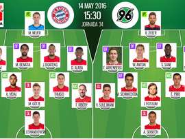 Ya tenemos las alineaciones del Bayern de Múnich-Hannover, partido correspondiente a la jornada 34 de la Bundesliga. BeSoccer