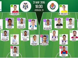 Ya tenemos las alineaciones del Tenerife-Valladolid, partido correspondiente a la jornada 39 de la Liga Adelante. BeSoccer