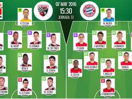 Ya tenemos los onces del Ingolstadt-Bayern de Múnich, partido correspondiente a la jornada 33 de la Bundesliga. BeSoccer